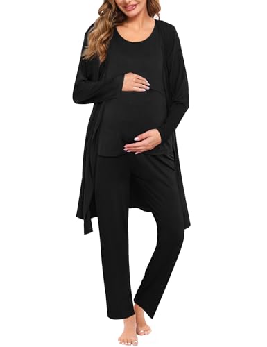 SWOMOG Maternity Nursing Robe Set 3 PCS Women Postpartum Pajamas Breastfeeding Labor Delivery Hospital Pregnancy Pjs (Black, Large) - Image 1