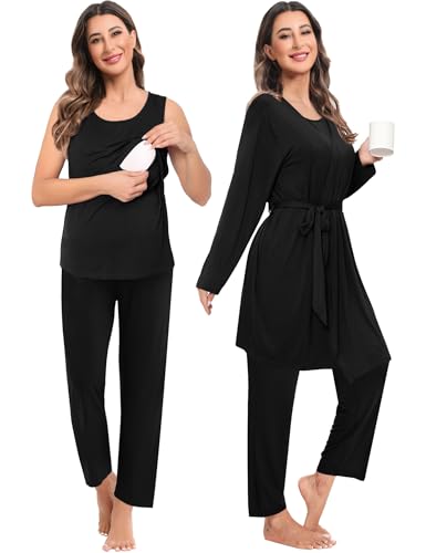 SWOMOG Maternity Nursing Robe Set 3 PCS Women Postpartum Pajamas Breastfeeding Labor Delivery Hospital Pregnancy Pjs (Black, Large) - Image 2