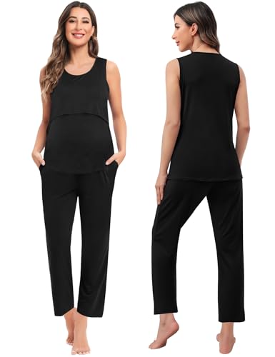 SWOMOG Maternity Nursing Robe Set 3 PCS Women Postpartum Pajamas Breastfeeding Labor Delivery Hospital Pregnancy Pjs (Black, Large) - Image 4