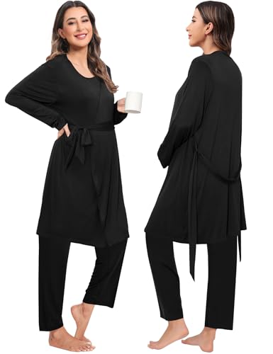 SWOMOG Maternity Nursing Robe Set 3 PCS Women Postpartum Pajamas Breastfeeding Labor Delivery Hospital Pregnancy Pjs (Black, Large) - Image 5