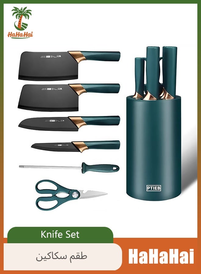 HaHaHai 7 Pieces Kitchen Knife Set, Professional Knife Set with Block, Chef Knife, Bone Chopper, Scissors, Sharp Blades, Sharpening Rod, Stainless Steel Knifes for Chopping Slicing Dicing Cutting - Image 1
