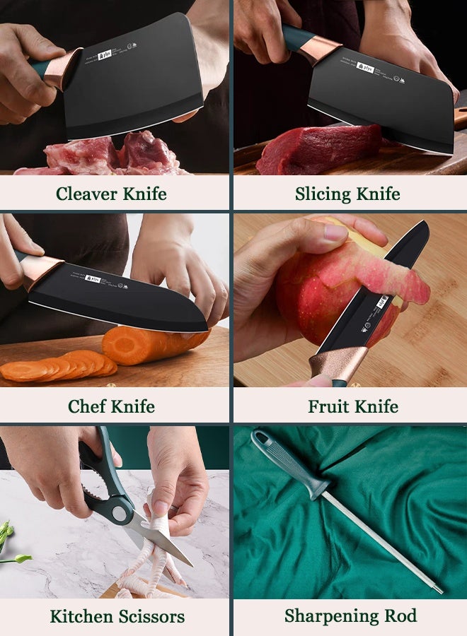HaHaHai 7 Pieces Kitchen Knife Set, Professional Knife Set with Block, Chef Knife, Bone Chopper, Scissors, Sharp Blades, Sharpening Rod, Stainless Steel Knifes for Chopping Slicing Dicing Cutting - Image 5