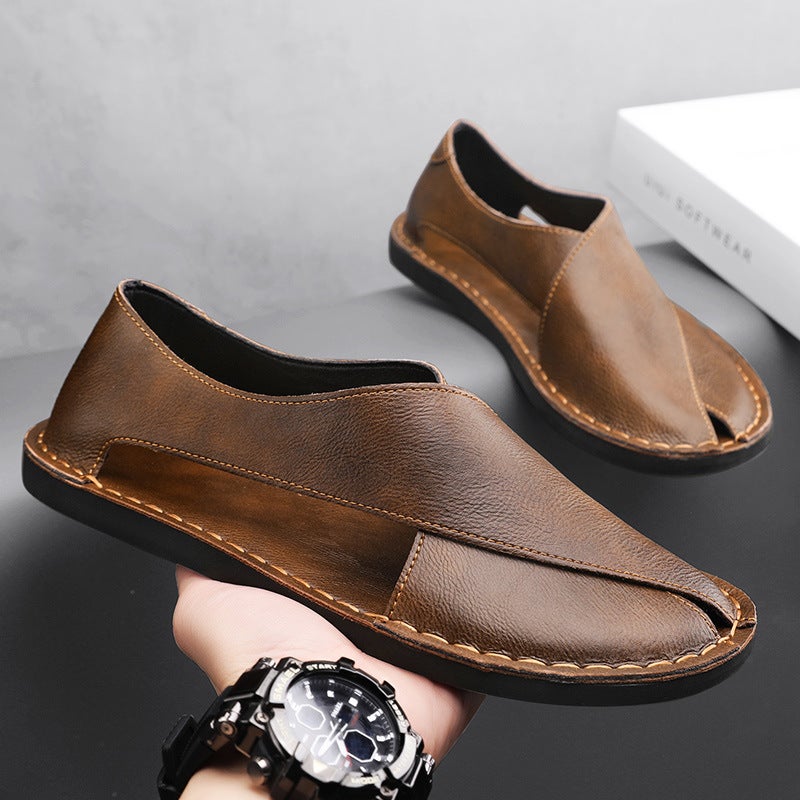 38-48 Summer Handmade Soft Sole Side Hollow Peep Toe Flat Slip-On Retro Casual Hollow Single Shoes Fashion Sandals - Image 2