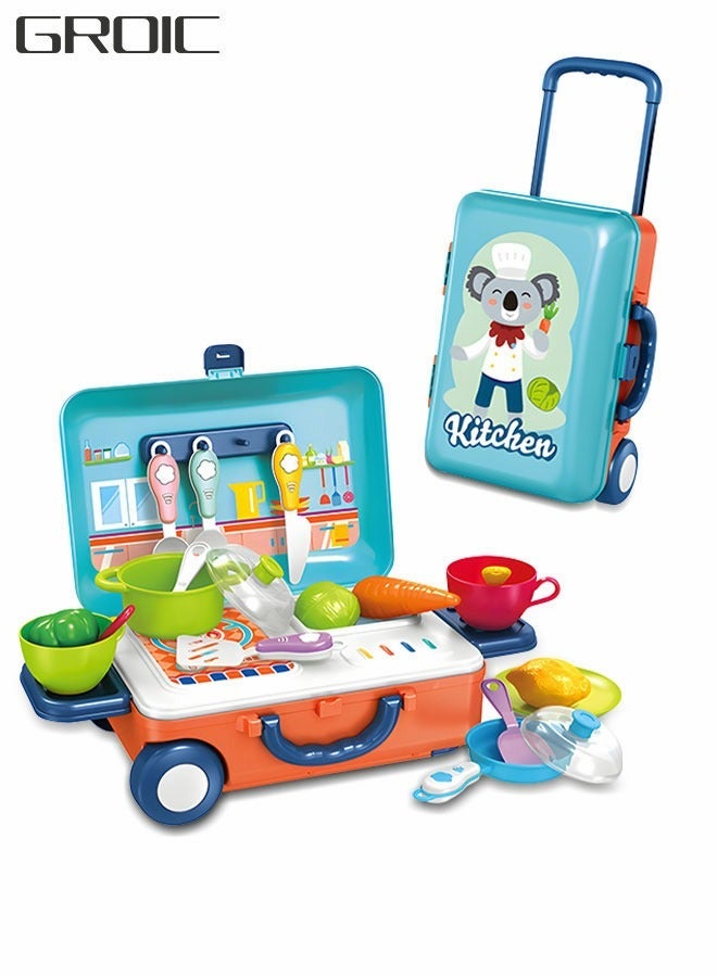 GROIC Kitchen Kids Playset With Wheeled Trolley Box, Little Chef Set Pots, Vegetables, Bowls, Simulation Suitcase Pretend Play, Learning Educational Toys - Image 1