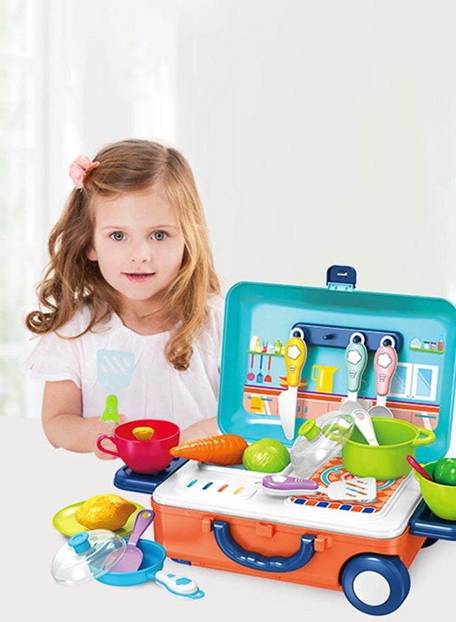 GROIC Kitchen Kids Playset With Wheeled Trolley Box, Little Chef Set Pots, Vegetables, Bowls, Simulation Suitcase Pretend Play, Learning Educational Toys - Image 4