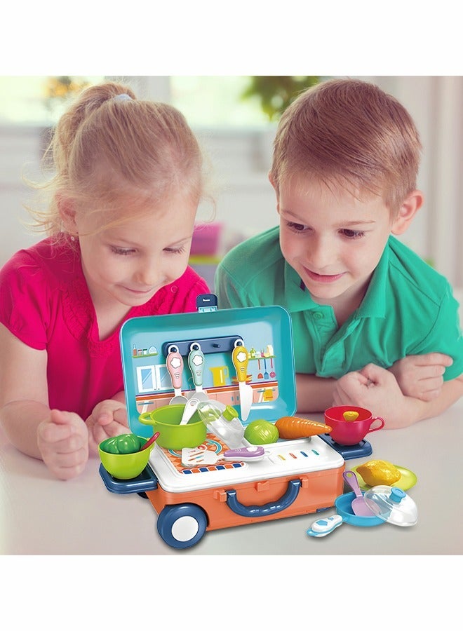 GROIC Kitchen Kids Playset With Wheeled Trolley Box, Little Chef Set Pots, Vegetables, Bowls, Simulation Suitcase Pretend Play, Learning Educational Toys - Image 5