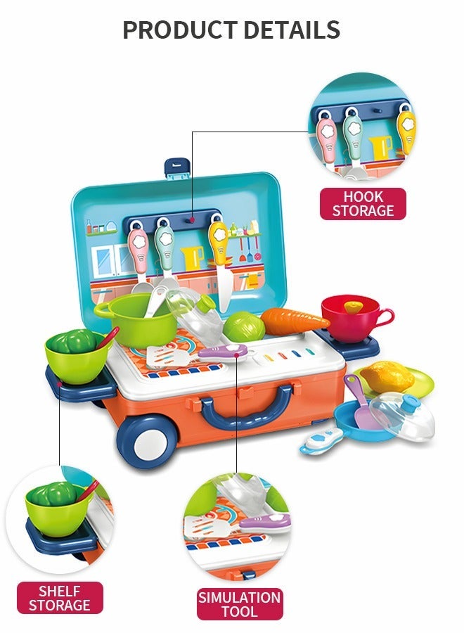 GROIC Kitchen Kids Playset With Wheeled Trolley Box, Little Chef Set Pots, Vegetables, Bowls, Simulation Suitcase Pretend Play, Learning Educational Toys - Image 2