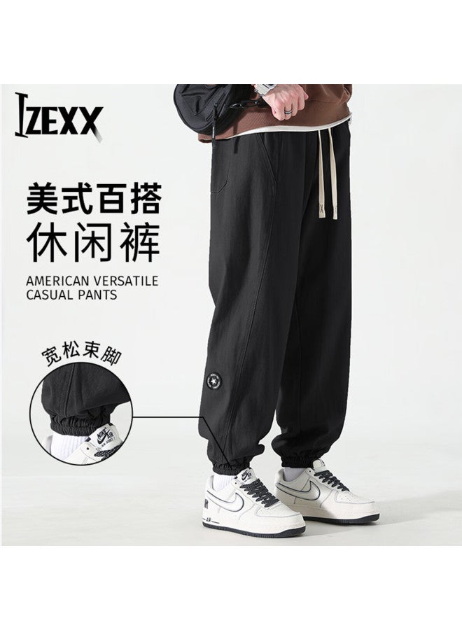 Izexx American Vintage Casual Men's Spring Loose Straight Workwear Durable Cotton Jogger Pants Zxk21 Black 4XL - Image 1