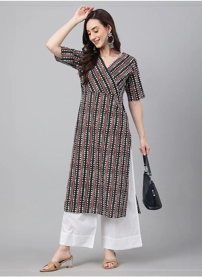 كولابا Black Cotton Printed V-Neck Kurta