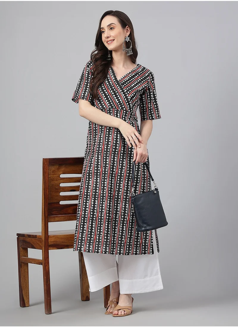 kolaba Black Cotton Printed V-Neck Kurta