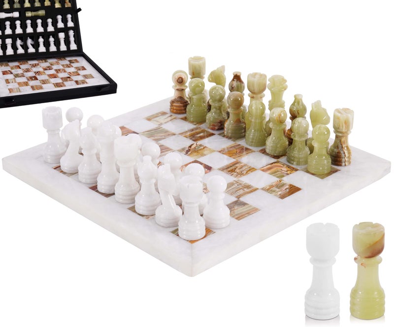 MARBLE RANGE Marble Chess Set for Adults 12 Handmade White Green Onyx Board Game with 32 Chess Pieces 2 Extra Queens Storage Box Luxury Travel Game Elegant for Home Decor - Image 3