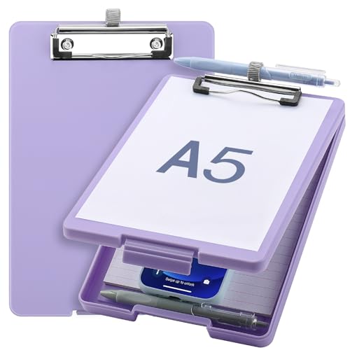 Meiikun Small Clipboard with Storage, A5 Clipboards with Pen Holder, Half Letter Clip Boards 6x9 Mini Plastic Clipboard with Low Profile Clip for Classroom, School, Office Supplies (Light Purple) - Image 1