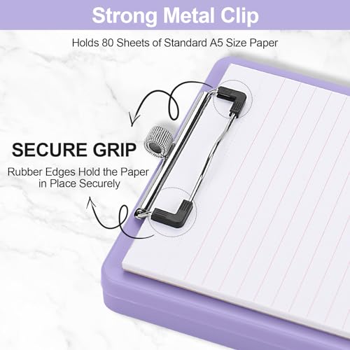Meiikun Small Clipboard with Storage, A5 Clipboards with Pen Holder, Half Letter Clip Boards 6x9 Mini Plastic Clipboard with Low Profile Clip for Classroom, School, Office Supplies (Light Purple) - Image 4