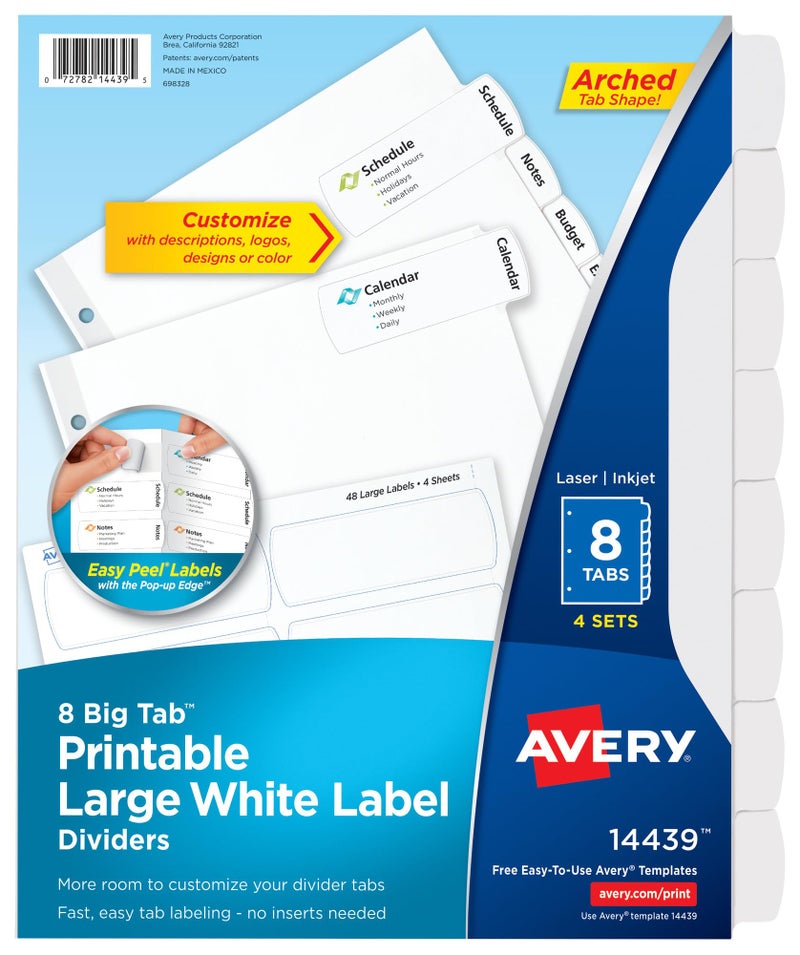 Avery Big Tab Printable Large White Label Dividers with Easy Peel 8 Tabs 4 Sets 14439