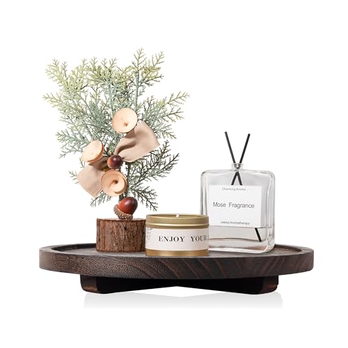 zoocatia Round Decorative Tray Wood Bathroom Counter Organizer Farmhouse Kitchen Decor Wooden Riser for Soap Dish, Perfume, Candle, Sponge, 12" - Bark Brown - Image 1