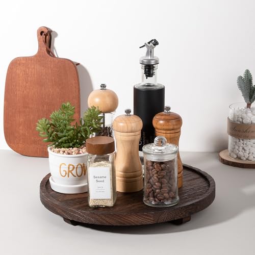 zoocatia Round Decorative Tray Wood Bathroom Counter Organizer Farmhouse Kitchen Decor Wooden Riser for Soap Dish, Perfume, Candle, Sponge, 12" - Bark Brown - Image 2