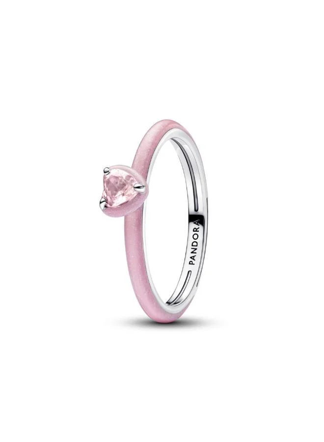باندورا Heart sterling silver ring with orchid pink crystal and glittery pink enamel