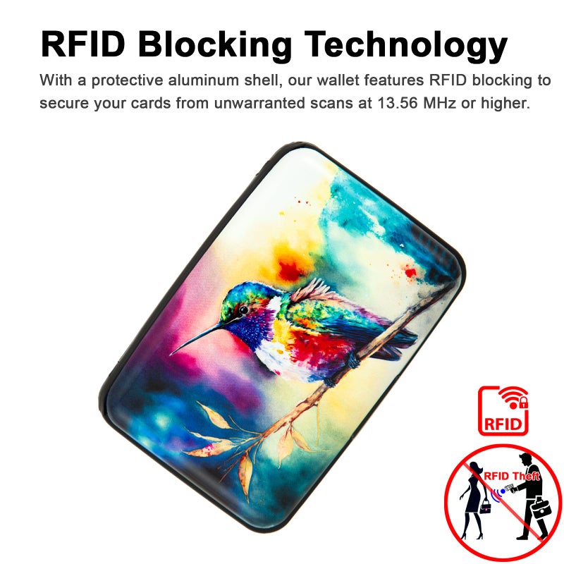 Kaabao Credit Card Holder for Women Men RFID Blocking Wallet Small Business Metal Slim Mini Aluminum Hard Case (Watercolor Painting Hummingbird) - Image 2
