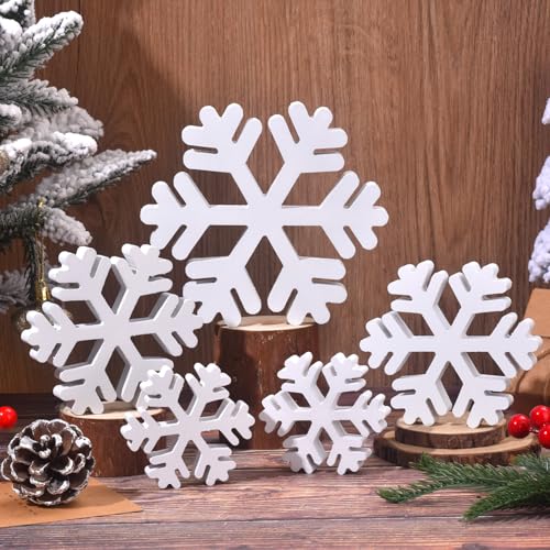 Ovootok 5 Pcs Winter Wooden Snowflake Decor Christmas Snowflake Signs 3D Decoration Tabletop Wood Snowflakes Centerpiece White Block Table Decor Standing Sign for Xmas Fireplace Mantel Home (white) - Image 1