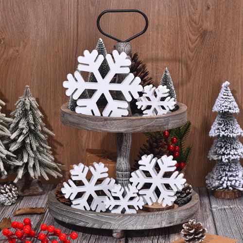 Ovootok 5 Pcs Winter Wooden Snowflake Decor Christmas Snowflake Signs 3D Decoration Tabletop Wood Snowflakes Centerpiece White Block Table Decor Standing Sign for Xmas Fireplace Mantel Home (white) - Image 3