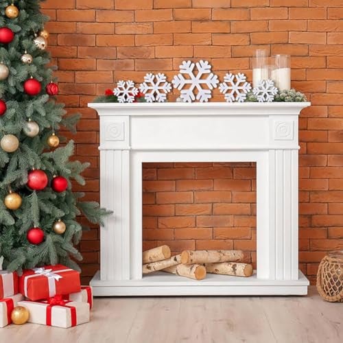 Ovootok 5 Pcs Winter Wooden Snowflake Decor Christmas Snowflake Signs 3D Decoration Tabletop Wood Snowflakes Centerpiece White Block Table Decor Standing Sign for Xmas Fireplace Mantel Home (white) - Image 4