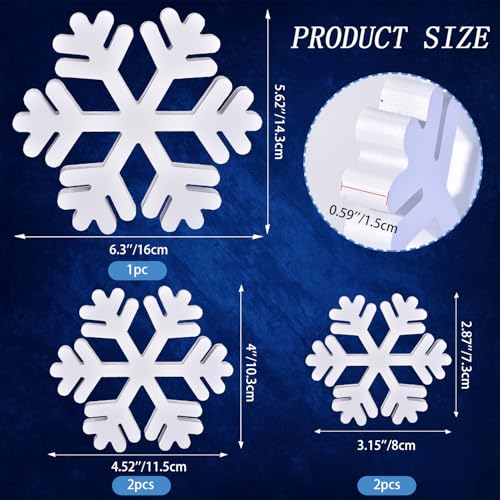 Ovootok 5 Pcs Winter Wooden Snowflake Decor Christmas Snowflake Signs 3D Decoration Tabletop Wood Snowflakes Centerpiece White Block Table Decor Standing Sign for Xmas Fireplace Mantel Home (white) - Image 2