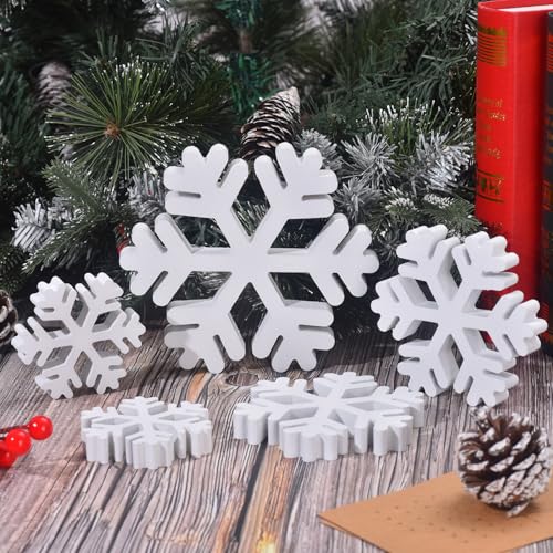 Ovootok 5 Pcs Winter Wooden Snowflake Decor Christmas Snowflake Signs 3D Decoration Tabletop Wood Snowflakes Centerpiece White Block Table Decor Standing Sign for Xmas Fireplace Mantel Home (white) - Image 5