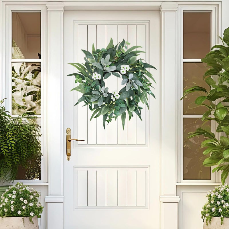 BINFEN 20" Green Eucalyptus Wreaths for Front Door with Lambs Ear White Flowers â€“ Lifelike Spring, Summer, and Winter Wreath for Farmhouse Porch, Window, Door Decor - Image 3