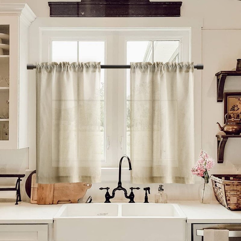 XTMYI Farmhouse Kitchen Semi Sheer Curtains Cafe Linen Tier Curtains 30 Inch Length Bathroom Short Small Half Window Curtains Rod Pocket 2 PanelsLight Tan