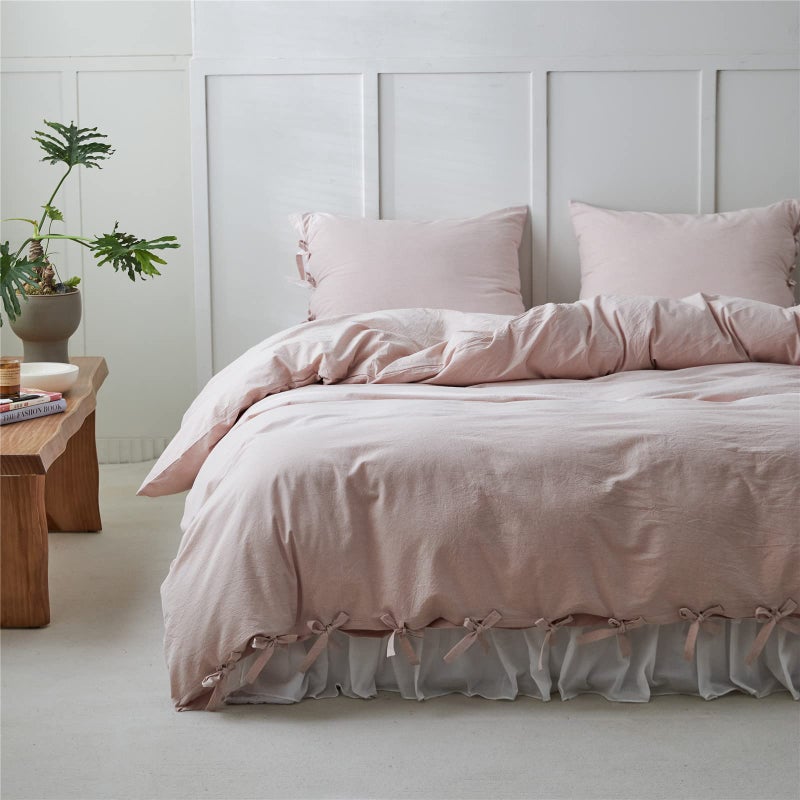 BISELINA 100% Washed Cotton Duvet Cover Set 2pcs with Bowknot Ties Strap Solid Color Linen Like Textured Durable Breathable Soft Comfy Chic Bedding (Twin, Pale Pink) - Image 1
