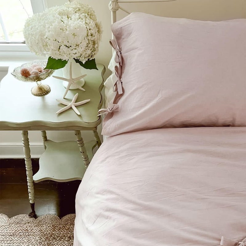 BISELINA 100% Washed Cotton Duvet Cover Set 2pcs with Bowknot Ties Strap Solid Color Linen Like Textured Durable Breathable Soft Comfy Chic Bedding (Twin, Pale Pink) - Image 5