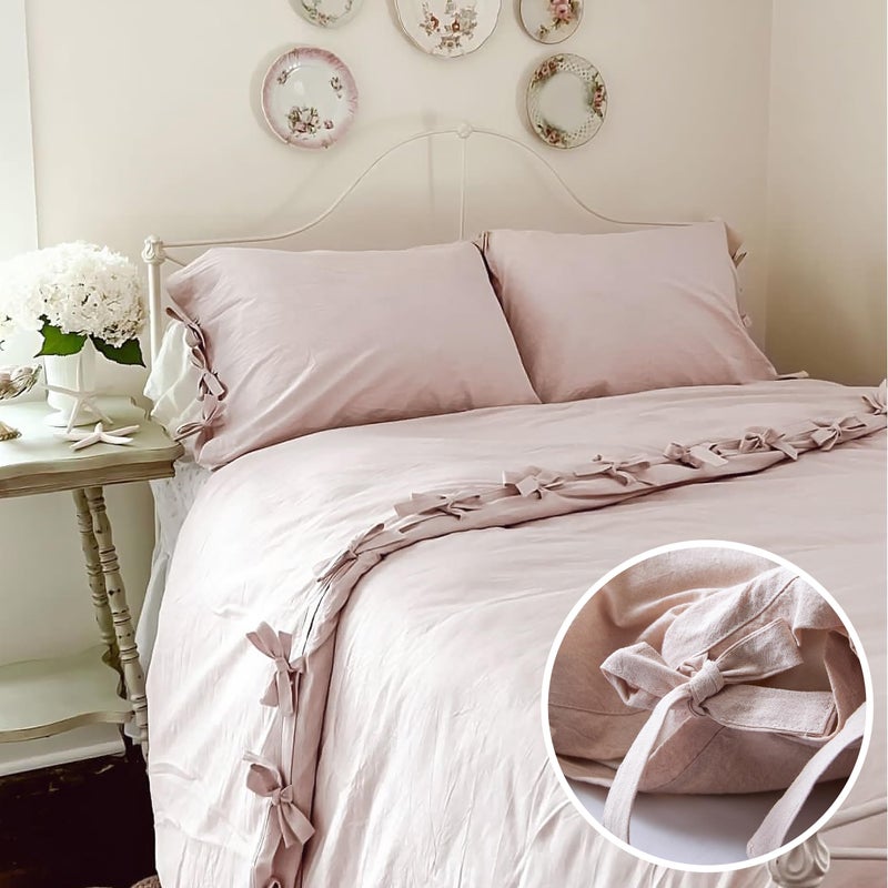 BISELINA 100% Washed Cotton Duvet Cover Set 2pcs with Bowknot Ties Strap Solid Color Linen Like Textured Durable Breathable Soft Comfy Chic Bedding (Twin, Pale Pink) - Image 3