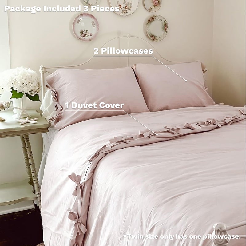 BISELINA 100% Washed Cotton Duvet Cover Set 2pcs with Bowknot Ties Strap Solid Color Linen Like Textured Durable Breathable Soft Comfy Chic Bedding (Twin, Pale Pink) - Image 4