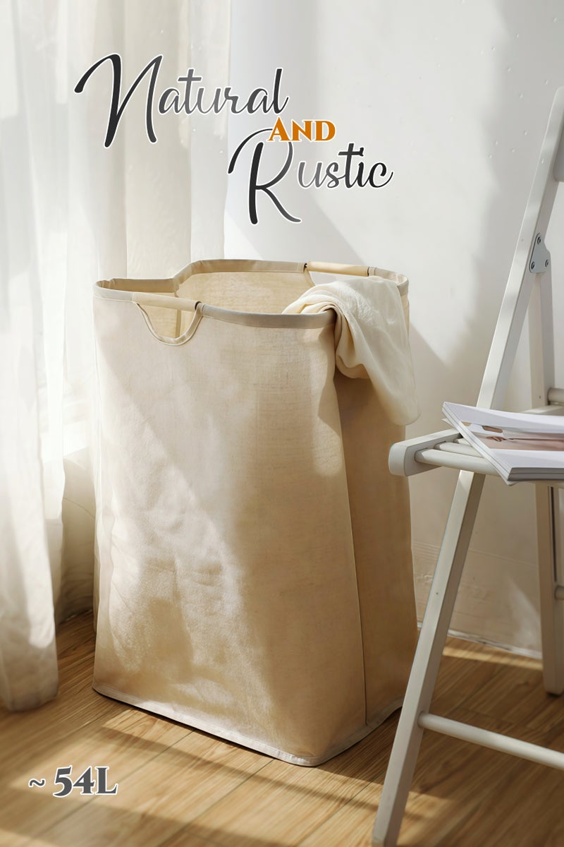 54L Foldable Cotton & Linen Laundry Basket with Wooden Handles ,Towel Basket,,Dress Storage Cloth Basket,PE Waterproof Lining, Large Capacity for Clothes, Kid's Toys ,Kitchen Storage Basket,  Laundry Hamper for Bathroom Bedroom,Home Storage Container(37X52cm) - Image 1