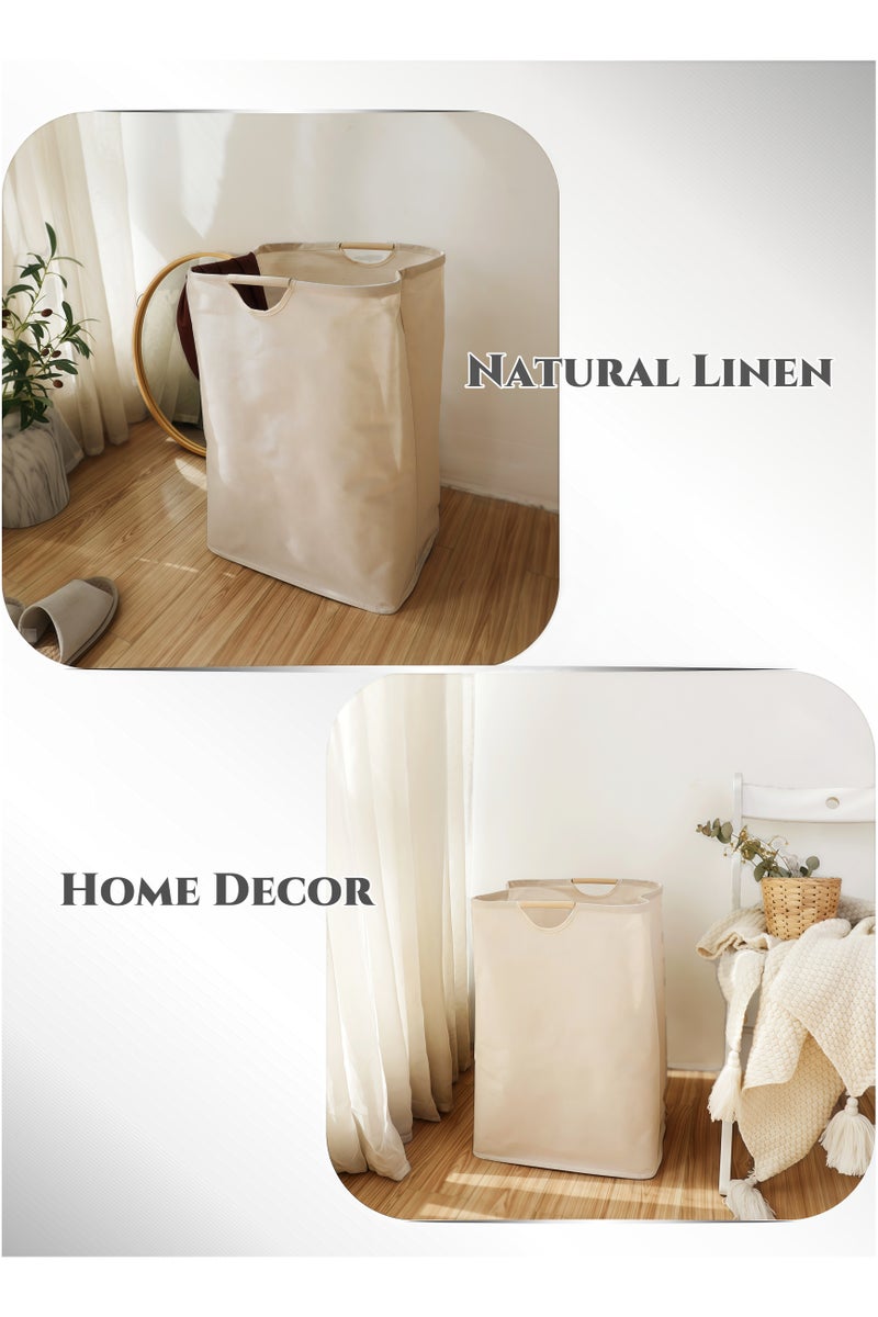 54L Foldable Cotton & Linen Laundry Basket with Wooden Handles ,Towel Basket,,Dress Storage Cloth Basket,PE Waterproof Lining, Large Capacity for Clothes, Kid's Toys ,Kitchen Storage Basket,  Laundry Hamper for Bathroom Bedroom,Home Storage Container(37X52cm) - Image 2
