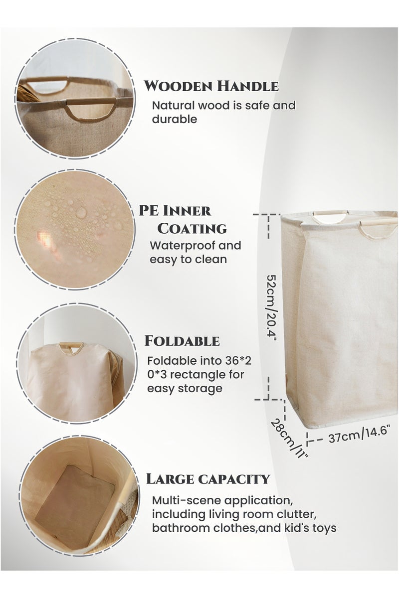 54L Foldable Cotton & Linen Laundry Basket with Wooden Handles ,Towel Basket,,Dress Storage Cloth Basket,PE Waterproof Lining, Large Capacity for Clothes, Kid's Toys ,Kitchen Storage Basket,  Laundry Hamper for Bathroom Bedroom,Home Storage Container(37X52cm) - Image 3