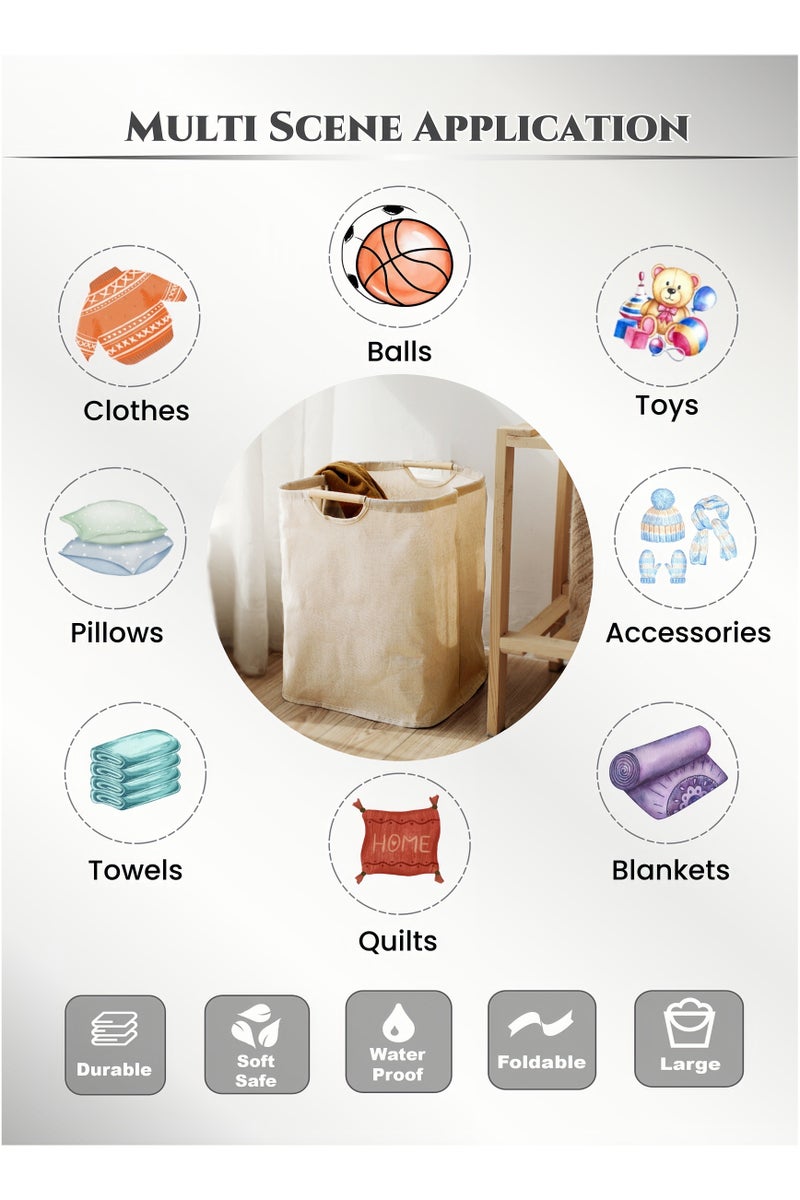 54L Foldable Cotton & Linen Laundry Basket with Wooden Handles ,Towel Basket,,Dress Storage Cloth Basket,PE Waterproof Lining, Large Capacity for Clothes, Kid's Toys ,Kitchen Storage Basket,  Laundry Hamper for Bathroom Bedroom,Home Storage Container(37X52cm) - Image 4