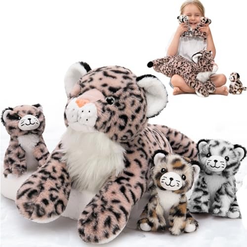 MorisMos Pink Cheetah Stuffed Animal with Babies18 Large Mommy Leopard with Cub PlushiesMama Baby Leopard Stuffed Animals SetRealistic Cheetah Toys Gift for Girl Kid Birthday Jungle Party Decor - Image 1
