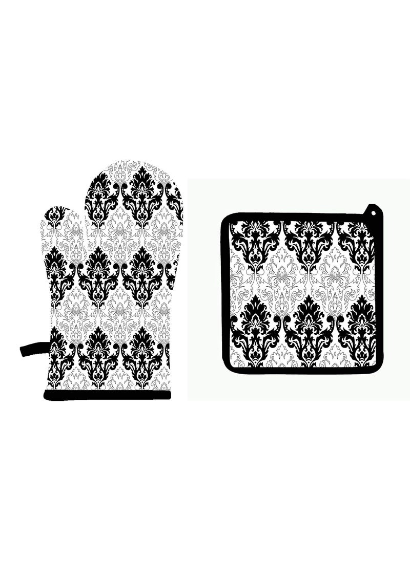 AIRWILL Airwill Cotton Designer Pattern Heat Resistant Kitchen Linens 1 Oven Mitt 1 Pot Holder BlackWhite  - Image 1