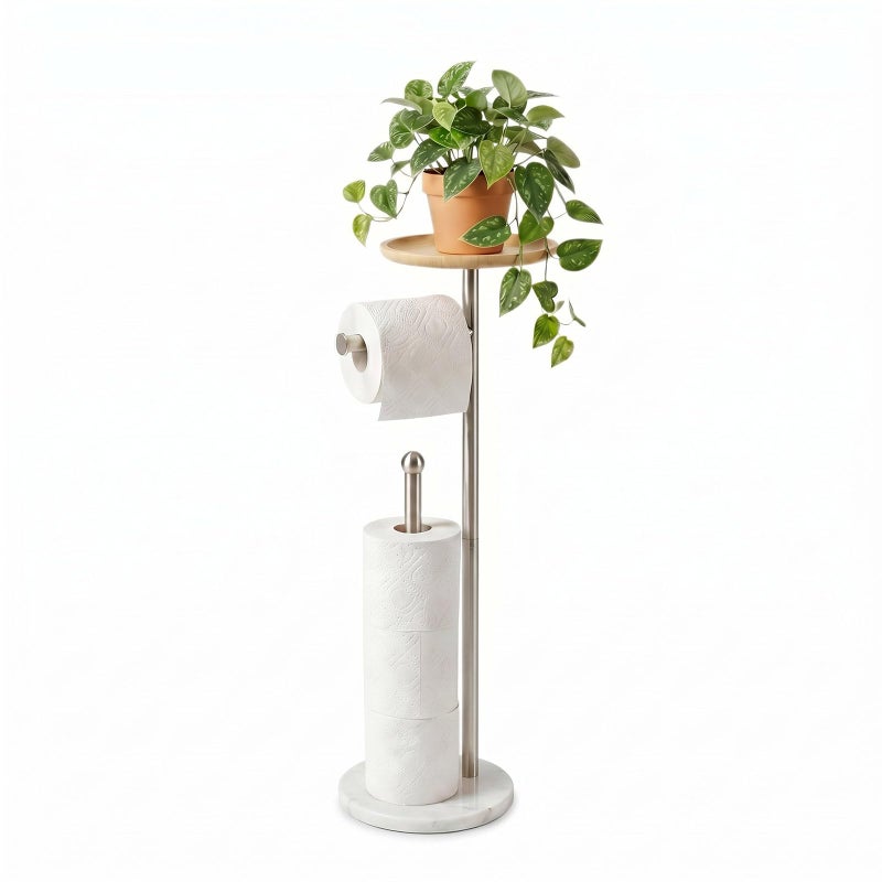 Songtec Toilet Paper Holder Stand with 79 Big Bamboo Tray 22Lbs Heavier Marble Base Floor Standing Paper Holder Stand with Phone Shelf Reserve for 4 Rolls Brushed Nickel - Image 2