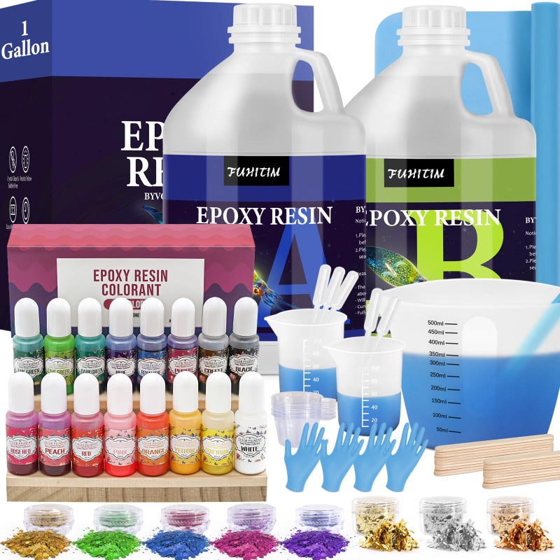 1 Gallon Crystal Clear Epoxy Resin Kit HighGlossy No Bubbles Art Casting Resin with 16 Epoxy Resin Pigment Foil Flakes SequinCraft Clear Resin for Art Crafts Jewelry Molds