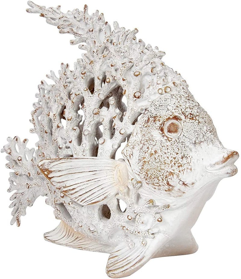 Corner Merchant Ocean Decor White Coral Reef Angelfish Sculpture Beach Home Decor Coastal Coral Look Tabletop Collection 12 in x 11 in