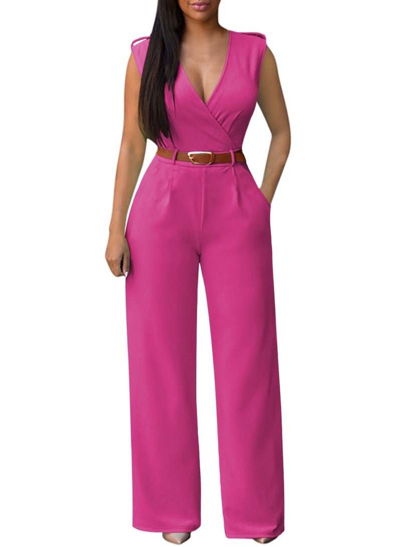 Pink Queen Women's Elegant Sleeveless Wrap V Neck Wide Leg Long Pants Party Belted Rompers Jumpsuits Rose Red L - Image 1