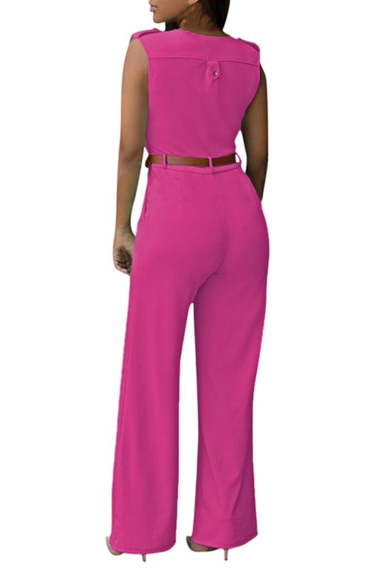 Pink Queen Women's Elegant Sleeveless Wrap V Neck Wide Leg Long Pants Party Belted Rompers Jumpsuits Rose Red L - Image 3