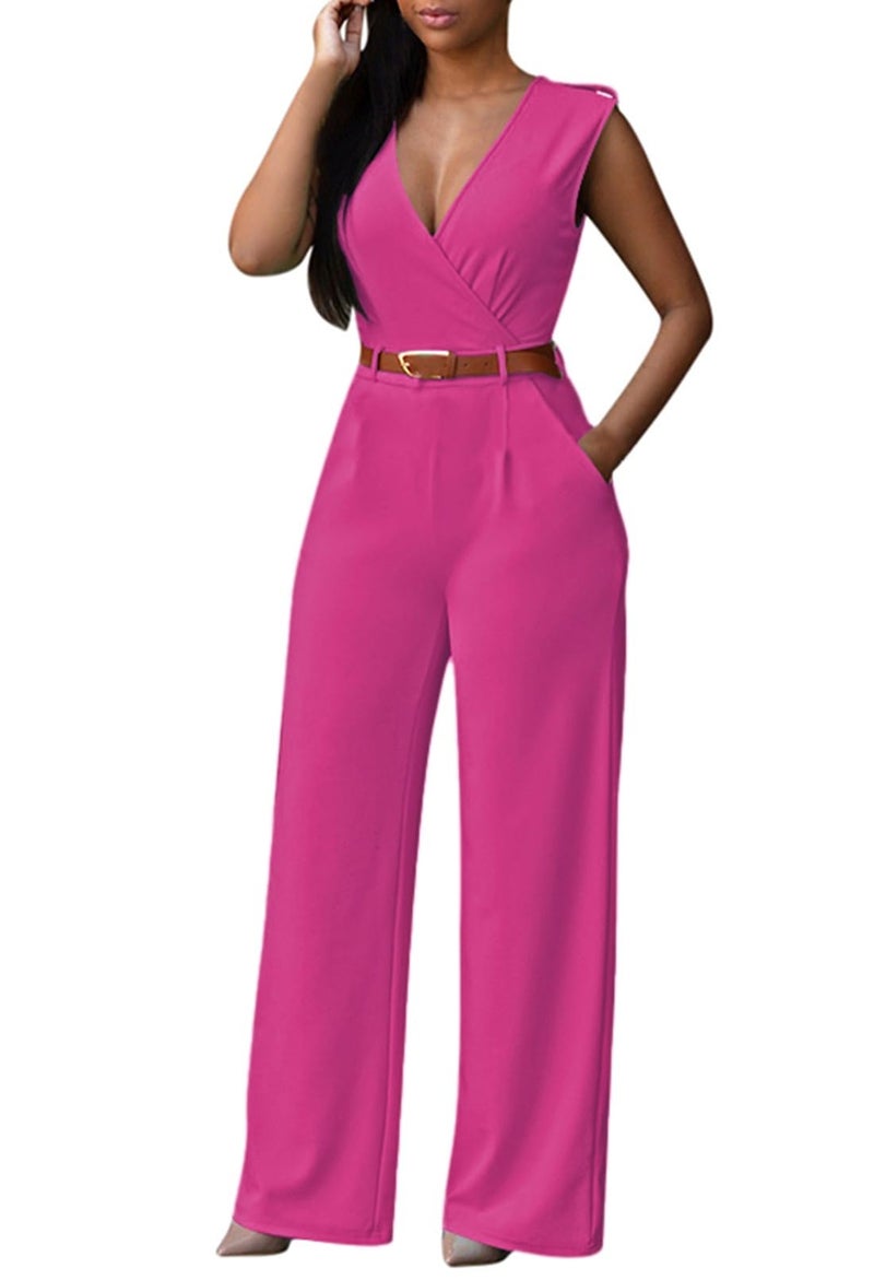 Pink Queen Women's Elegant Sleeveless Wrap V Neck Wide Leg Long Pants Party Belted Rompers Jumpsuits Rose Red L - Image 2