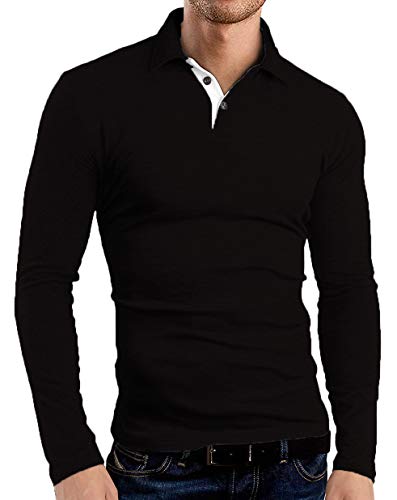 KUYIGO Mens Classic Dry Fit Long Sleeve Golf Polo Shirts Casual Basic Designed with Cotton Tops Medium Black - Image 3