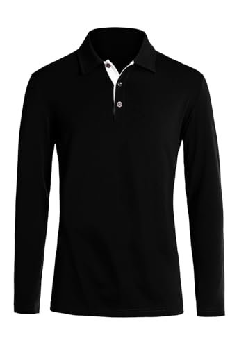 KUYIGO Mens Classic Dry Fit Long Sleeve Golf Polo Shirts Casual Basic Designed with Cotton Tops Medium Black - Image 2