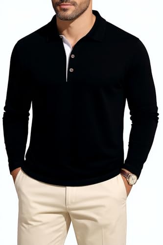KUYIGO Mens Classic Dry Fit Long Sleeve Golf Polo Shirts Casual Basic Designed with Cotton Tops Medium Black - Image 1
