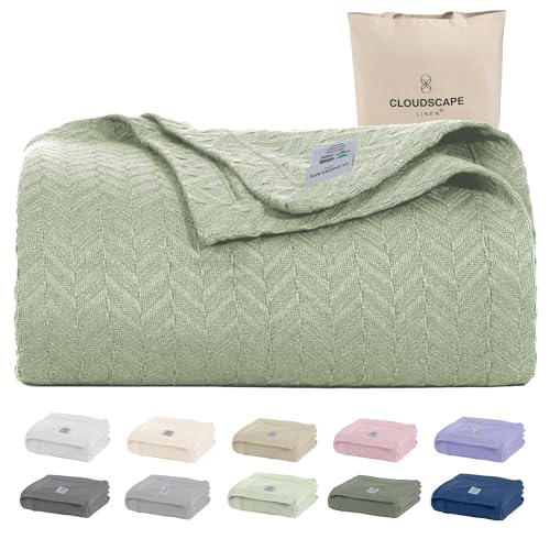 CloudScape Linen CLOUDSCAPE 100 Cotton Queen Size Blanket Soft Herringbone Weave 92x92 Fits Upto Full Size Breathable Lightweight Summer Queen Cotton Blanket for Adults All Season Blankets Seafoam - Image 1