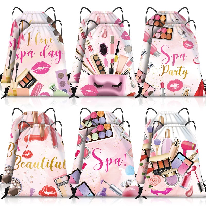 Equsion 12 Pcs Spa Party Favor Bags Drawstring Backpack Gift Bags for Girls Women Makeup Birthday Party Decorations Salon Baby Shower Spa Decorations, 12 x 10 Inch - Image 1